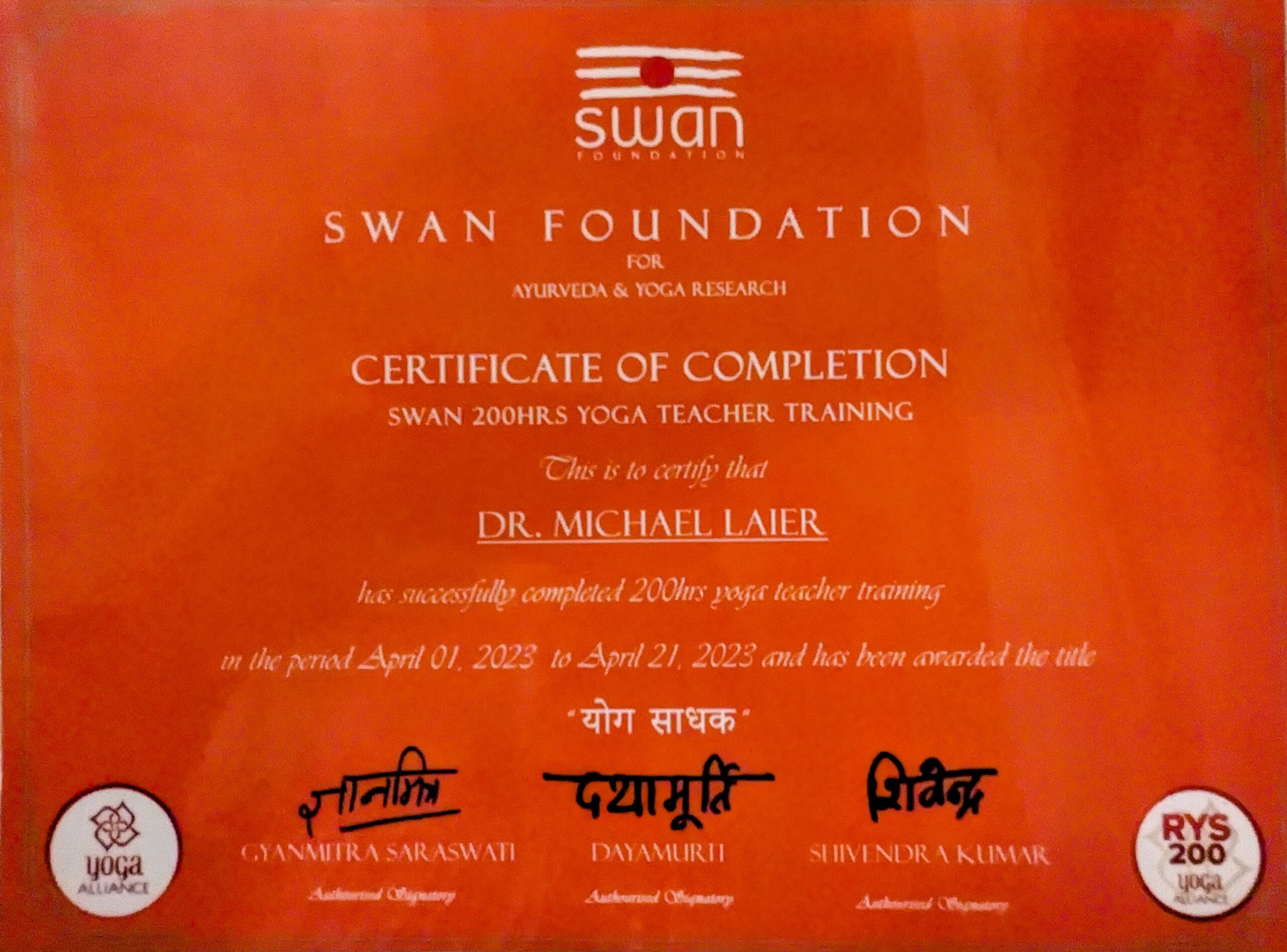 Swan Foundation Certificate of completion